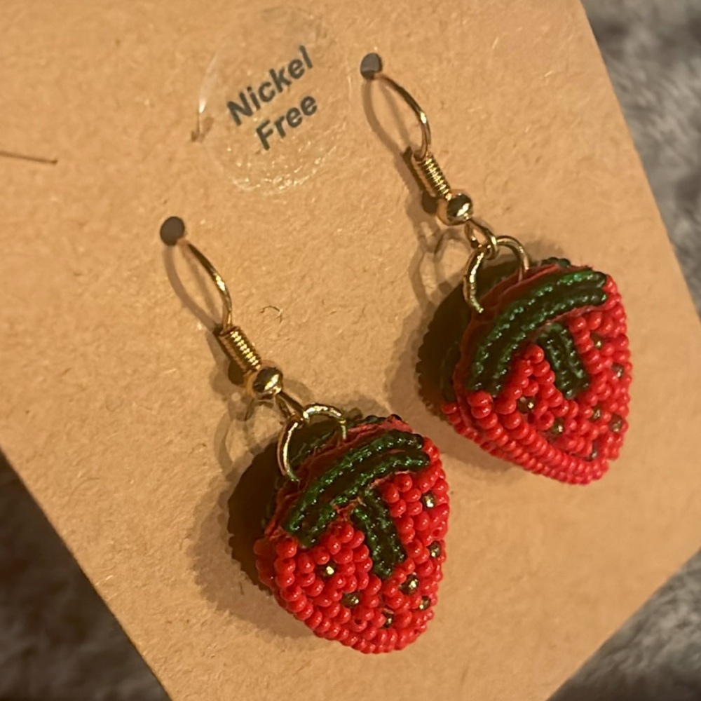 Beaded Strawberry Dangle Earrings